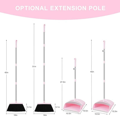BSKLIN Pink Broom and Dustpan Set, 52-in Handle Broom Dustpan Combo Set Household Hand Broom with Dustpan Teeth to Clean Hair for Home Kitchen Office Lobby Sweeping Indoor（Pink）