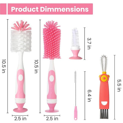 Ariseno 5-in-1 Baby Bottle Brush Set, Including Nylon and Silicone Bottle Brush, Cap, Straw, Nipple Brushes, BPA-Free (Pink)