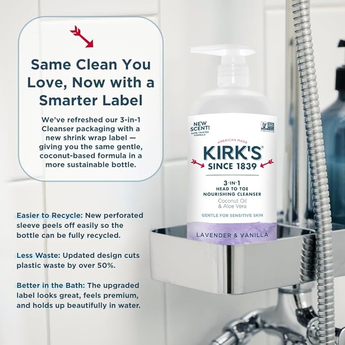 Kirk's Lavender & Vanilla 3-in-1 Nourishing Cleanser, Shampoo Body Wash Bubble Bath, Coconut Oil and Aloe Vera, Vegan Non-GMO, 32 Fl Oz