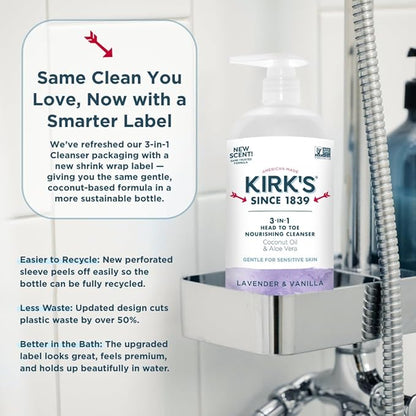 Kirk's Lavender & Vanilla 3-in-1 Nourishing Cleanser, Shampoo Body Wash Bubble Bath, Coconut Oil and Aloe Vera, Vegan Non-GMO, 32 Fl Oz