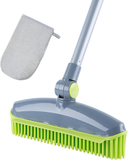 180°Rotating Head Rubber Broom with Squeegee for Pet Hair Removal - 51" Iron Handle Fur Remover Rake Brush for Carpet, Hardwood & Tile Floors, Includes Pet Hair Removal Gloves (Green)