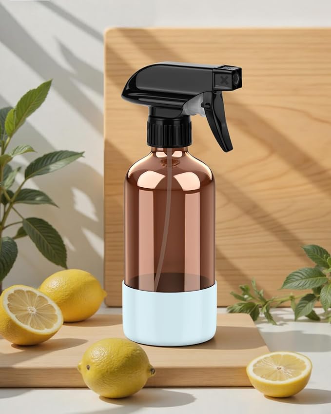 Bontip Amber Glass Spray Bottle with Silicone Sleeve Protection, 8 oz Refillable Spray Bottles for Cleaning Solutions, Plants, Aromatherapy, Facial Hydration (1, Blue, 8 oz)
