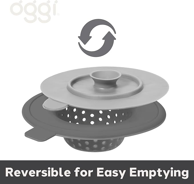 OGGI Silicone Sink Strainer & Stopper Set- Great Kitchen Sink Strainer, Silicone Drain Stopper, Sink Drain Strainer, Sink Plug 4.6˝ Diameter Rim, Gray (Pack of 2)