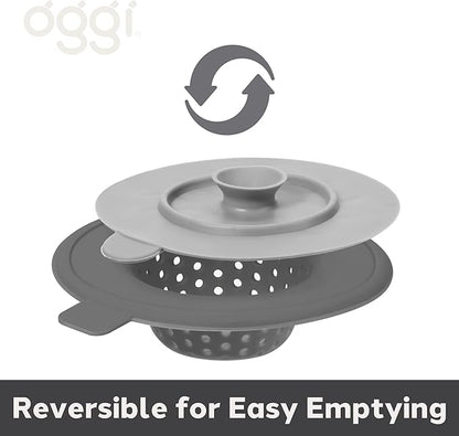 OGGI Silicone Sink Strainer & Stopper Set- Great Kitchen Sink Strainer, Silicone Drain Stopper, Sink Drain Strainer, Sink Plug 4.6˝ Diameter Rim, Gray (Pack of 2)