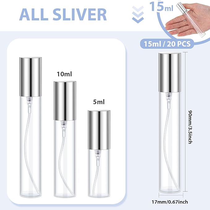Yinder 25 Pcs 15ml Travel Spray Bottle Refillable Perfume Atomizer Bulk Glass Mini Cologne Perfume Bottles Empty Fine Mist Portable Small Sample Containers(Silver)