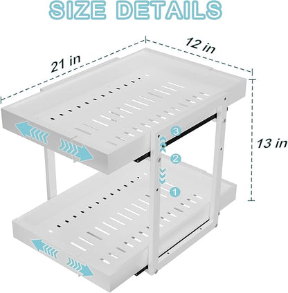 Golener 2-Tier Expandable Pull Out Cabinet Organizer - 21" Deep Slide Out Drawers for Kitchen Cabinets, Bathroom Organizers and Storage, Under Sink Organizer for Kitchen Storage Organization, White