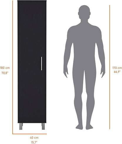 Storage Cabinet, Single Door Freestanding Black Cabinet with 3 Broom Hangers & 5 Interior Shelves, Modern Particle Board Melamine Kitchen Organizer, 11.73" D x 15.75" W x 70.87" H