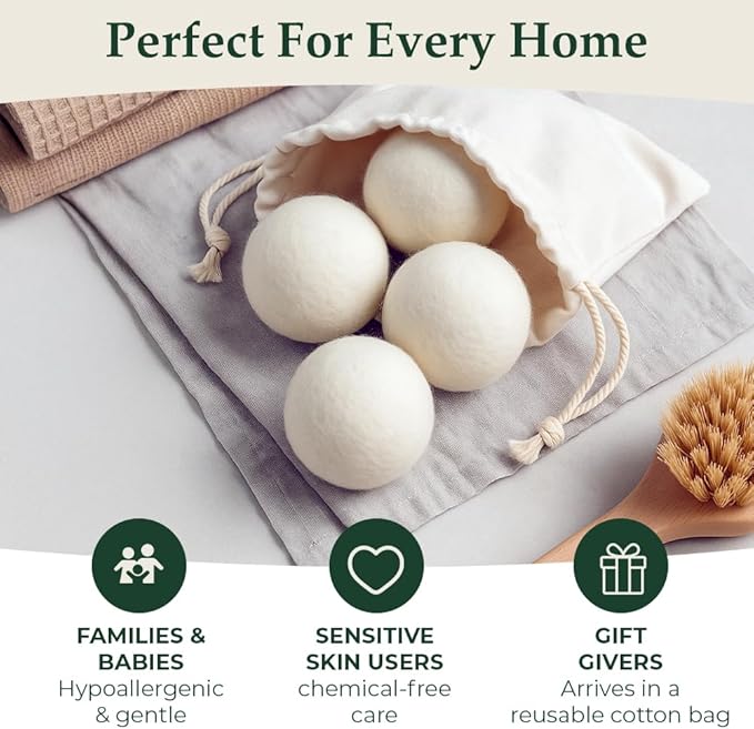 Premium XL Wool Dryer Balls - 6 - Pack 100% New Zealand Wool, Reusable Fabric Softener for 1000+ Loads | Eco-Friendly and Chemical-Free | Reduces Wrinkles and Drying Time - White