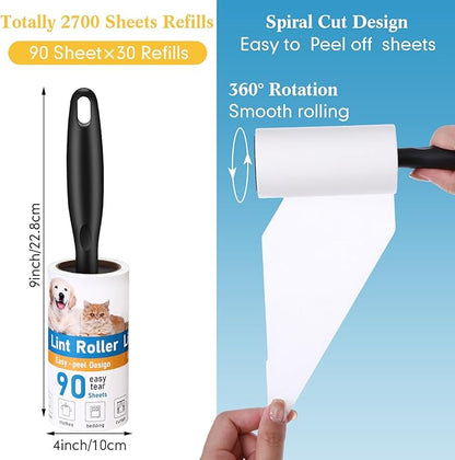 FoldTier 2700 Sheets Lint Rollers for Pet Hair Extra Sticky Portable Lint Remover Brush Roller with 10 Handles 30 Refills Pet Hair Remover for Couch, Clothes Furniture and Carpet Dog Cat