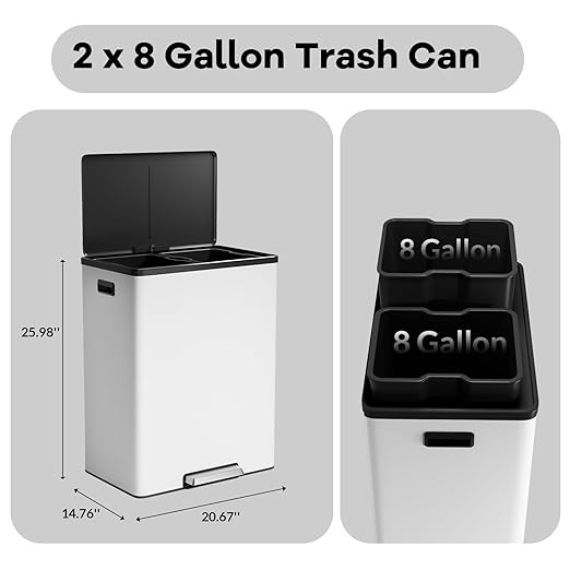 GAOMON Kitchen Dual Trash Can and Recycling Bin, 2 x 8 Gallon Stainless Steel Trash Can, 60 Liter, Removable Inner Bin and Soft Close Lid, Suitable for Home, Office, Business - White