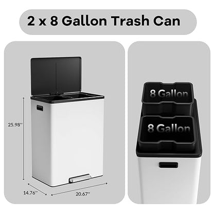 GAOMON Kitchen Dual Trash Can and Recycling Bin, 2 x 8 Gallon Stainless Steel Trash Can, 60 Liter, Removable Inner Bin and Soft Close Lid, Suitable for Home, Office, Business - White