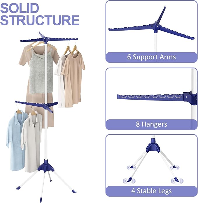 APEXCHASER Clothes Drying Rack 2-Tier Folding Laundry Drying Rack, 57 Inch Collapsible Clothing Rack 4 Legs, 6 Arms for 48 Hangers, Portable Clothes Airer for Indoor Outdoor Beach RV Travel, Blue