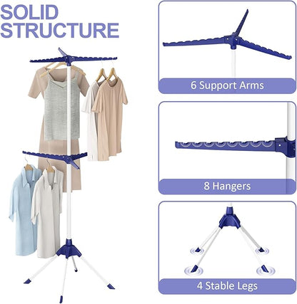 APEXCHASER Clothes Drying Rack 2-Tier Folding Laundry Drying Rack, 57 Inch Collapsible Clothing Rack 4 Legs, 6 Arms for 48 Hangers, Portable Clothes Airer for Indoor Outdoor Beach RV Travel, Blue