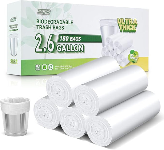 Inwaysin Biodegradable 2.6 Gallon Trash Bags, 180 Count, Scented Free, Translucent, Thickening & Leaking Proof, Suitable for Most Trash Cans, Perfect for Home or on the Go