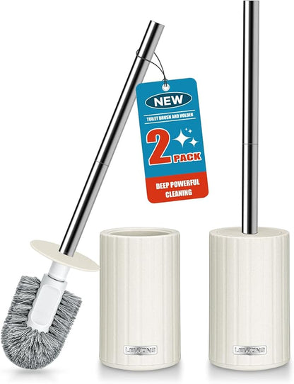 2 Pack Toilet Bowl Brush and Holder, Durable Toilet Scrubber Bristles, Long Stainless Steel Handle, Ceramic Texture Toilet Brush and Holder Set, Deep Cleaning Toilet Brush for Bathroom, Cream