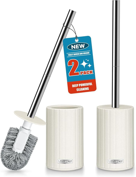 2 Pack Toilet Bowl Brush and Holder, Durable Toilet Scrubber Bristles, Long Stainless Steel Handle, Ceramic Texture Toilet Brush and Holder Set, Deep Cleaning Toilet Brush for Bathroom, Cream