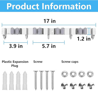 Broom Mop Holder Wall Mount Broom Hanger Wall Mounted Metal Organization Garage Storage Garden Kitchen Tool Organizer With 4 Racks and 5 Hooks (Silver, 1 Pack 4R5H)