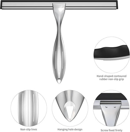 Shower Squeegee for Glass Door 12-Inch Stainless Steel Bathroom Squeegee Window Wiper, Includes Shower Door Hook, Adhesive Hook, and Spare Silicone Blade for Window Mirror Car All-Purpose Squeegee