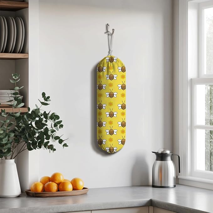 Bees Plastic Bag Holder, Hanging Shopping Bags Storage Carrier, Yellow Fabric Garbage Trash Bag Dispenser for Home Kitchen Pantry Cabinet, Wall Mount, Kitchen Housewarming Gifts for Women