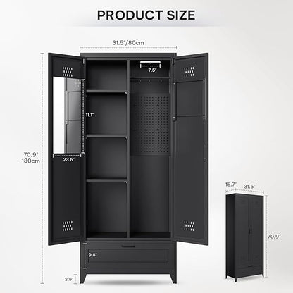 YITAHOME 71" Metal Garage Broom Cabinets with Adjustable Shelves, Vacuum Storage Cabinet with Doors and Drawer, Tool Storage Cabinet for Gym, Basement, Warehouse, Black, Metal
