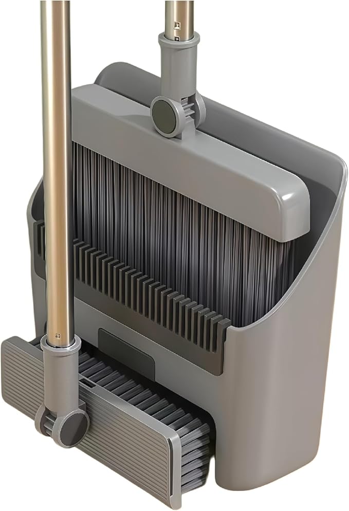 3in1 Broom and Dustpan Combo with Cleaning Teeth, Adjustable Long Handle, 180° Rotating Broom,Ideal for Pet Hair, Indoor Outdoor Heavy Duty Floor Sweeping (Gray)