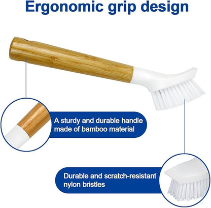 CELOX Bamboo Dish Scrubber Brush with Handle, 2 Pack Kitchen Brushes for Dishes