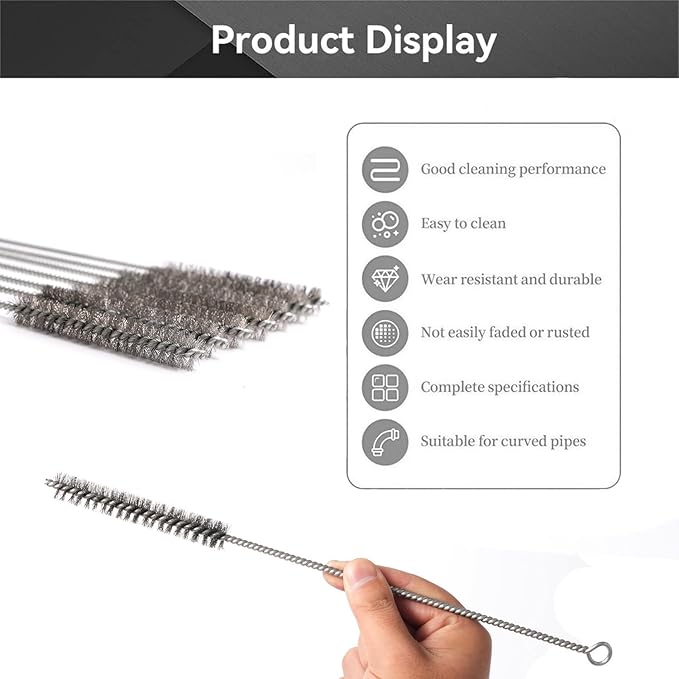 12 Inch Pipe Cleaning Brush Set with Stainless Steel Bristles, Steel Wire Tube Brush Kit for Auto Parts Polishing, Machining, Bottles, Tubes, Etc.（15mm-5pcs）