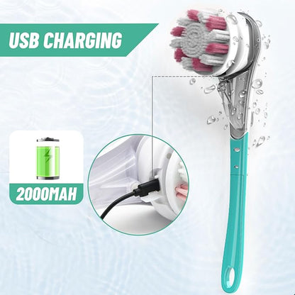 Longzhuo Electric Back Scrubber for Shower with 6 Brush Heads, Rechargeable Bath Brush, Electric Body Scrubber with Long Handle, for Cleanse, Massage, Exfoliate and Pamper Your Skin (Sapphire Blue)