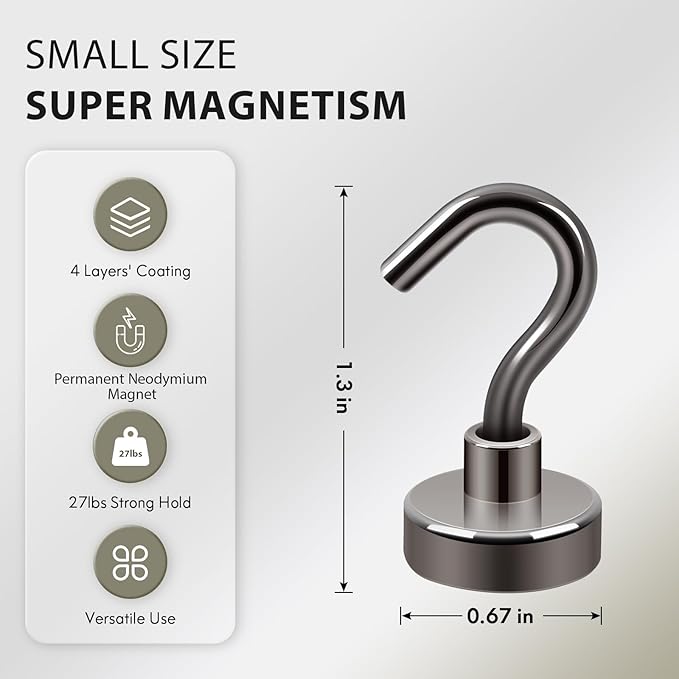 Neosmuk Magnetic Hooks, Heavy Duty 30lb+ Strong Magnet Hook for Cruise Cabins, Cruise Ship Essentials for Hanging, Metal Wall Refrigerator Hangers (Gunmetal, 12 Pack)