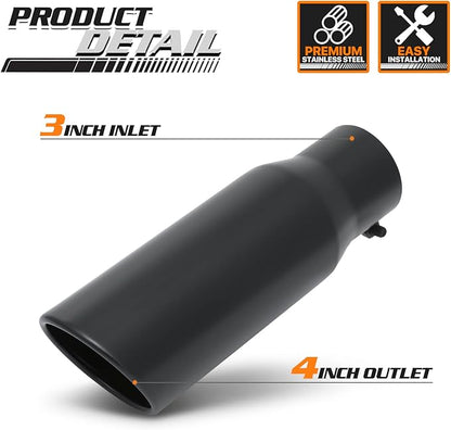 M-AUTO Universal Gray Welded Muffler, 12" Overall Length Heavy Duty Stainless Steel Direct Fit Exhaust Muffler Assembly Roll and Angle Cut Tip, 3" Inside Inlet and 4" Outlet, Black