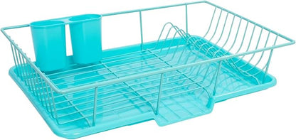 Sweet Home Collection Dish Rack Drainer 3 Piece Set with Drying Board and Utensil Holder, 5"D x 12"W x 17"H, Turquoise