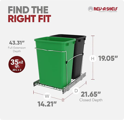 Rev-A-Shelf Double 35 Qt Pullout Trash Can for Base Kitchen Cabinets, Garbage Waste & Recycling Bin System with Full Extension Slides, Min Opening Width of 14.5", Green/Black, RV-18KD-1918C-S