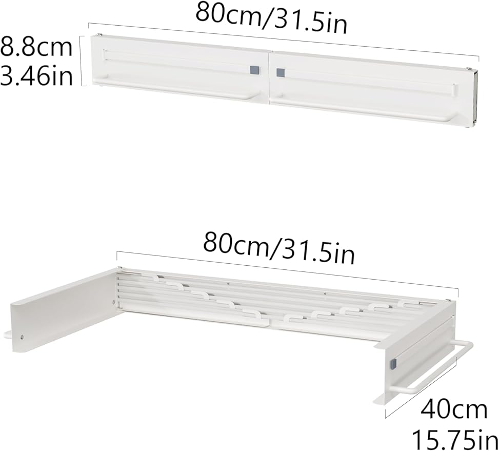 JOOM Laundry Drying Rack Collapsible, Wall Mounted Drying Rack, Clothes Drying Rack, 31.5" Wide, 5 Aluminum Rods, 60 lb Capacity (White 31.5" with Poles)