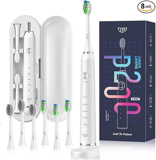 JTF Sonic Electric Toothbrush for Adults: 5 Customized Modes for Effective Yet Gentle Cleaning, 2 Types of Heads for Sensitive Teeth & Braces - with Travel Case and Wireless Charging for Daily Care