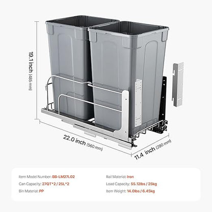 VEVOR Pull-Out Trash Can, 27 QT x2 Double Under Mount Kitchen Waste Container, Heavy Duty Garbage Recycling Bin with Door Kit and Soft Close Slide, for Kitchen Cabinet, Sink, Under Counter (Grey)