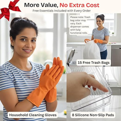 Trash Bag Dispenser with Front Opening, Stackable Garbage Bag Holder for Kitchen & Home, Fits 1 Gallon Bags, Includes Reusable Gloves, Adhesive Anti-Slip Pads & 15 Trash Bags–Large Organizer