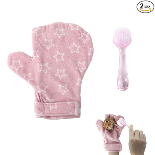 1Pcs Hamster Bite Proof Glove and Grooming Brush Set, Adjustable Hamster Glove, Lid Soft Cleansing Brush Massage Combs, Guinea Pig Brush, Hamster Care Set for Hamsters, Ferrets, Hedgehogs (Pink Stars)