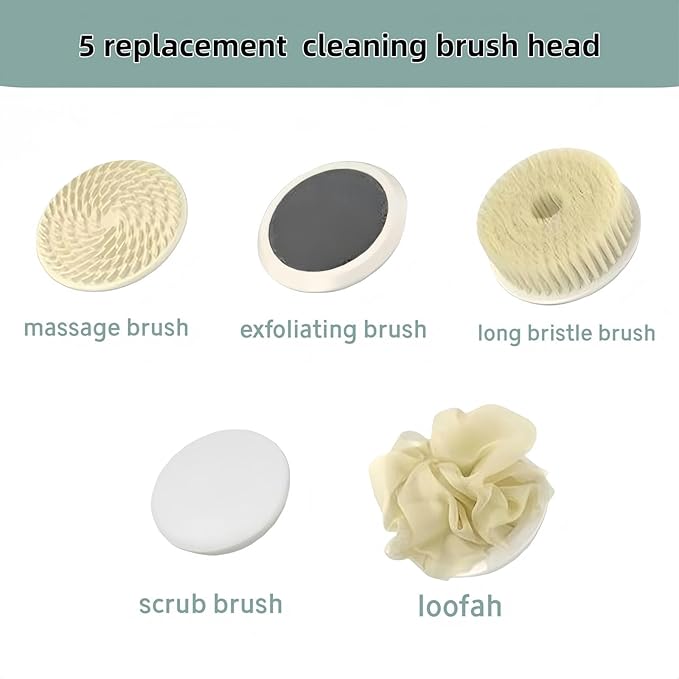 Electric Body Brush Back Scrubber for Shower, Rechargeable Long Handles Bath Brush with 5 Replaceable Heads, 3 Speed Adjustable and Lcd Display Shower Brush for Deep Cleansing, Exfoliating & Massage