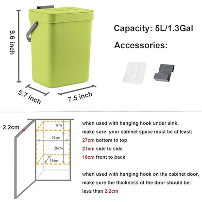 LALASTAR Small Plastic Trash Can, Hanging Small Trash Can with Lid Under Sink for Kitchen, Food Waste Bin for Countertop, Mountable Garbage Can for Bathroom, RV, 5L/1.3 Gal, Green