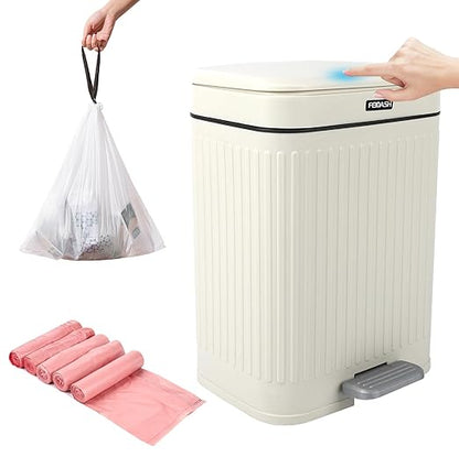 2.1 Gallon Small Trash Can with Lid, 2 Opening Ways (Press Top & Foot Pedal) Soft Close Slim Waste Bin + 75 Trash Bags Included, for Bathroom, Office, Bedroom & Kitchen - Cream