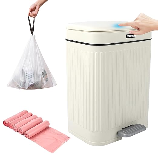 2.1 Gallon Small Trash Can with Lid, 2 Opening Ways (Press Top & Foot Pedal) Soft Close Slim Waste Bin + 75 Trash Bags Included, for Bathroom, Office, Bedroom & Kitchen - Cream