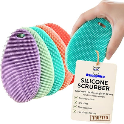 Silicone Sponge Dish Scrubber - Food Grade Silicone Dish Scrubber and Housecleaning - BPA Free Silicone Kitchen Scrubber [5 Pack Ovals Spring]