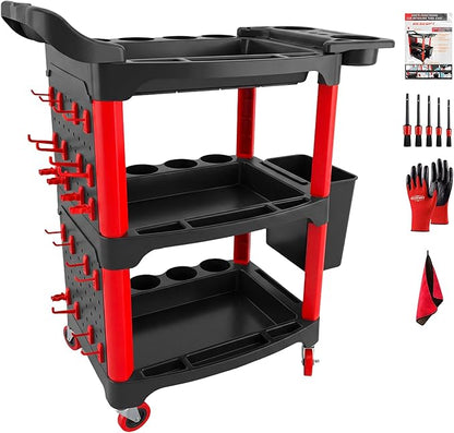 Auto Detailing Cart with Wheels, 3 Tier Rolling Detail Cart with Long Hanging Plate & Hooks & Hanging Bucket & Cat Ear Basket, for Detailers Garage, Workshop, Repair Shop, Storage Tool