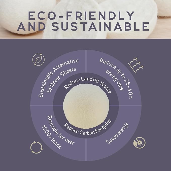 Wool Dryer Balls, 6 Pack – Natural Fabric Softener for Laundry, 100% Organic, Reusable for 1000+ Loads, Anti-Static, Reduces Drying Time, Baby Safe & Hypoallergenic Comes with Lincove Storage Bag