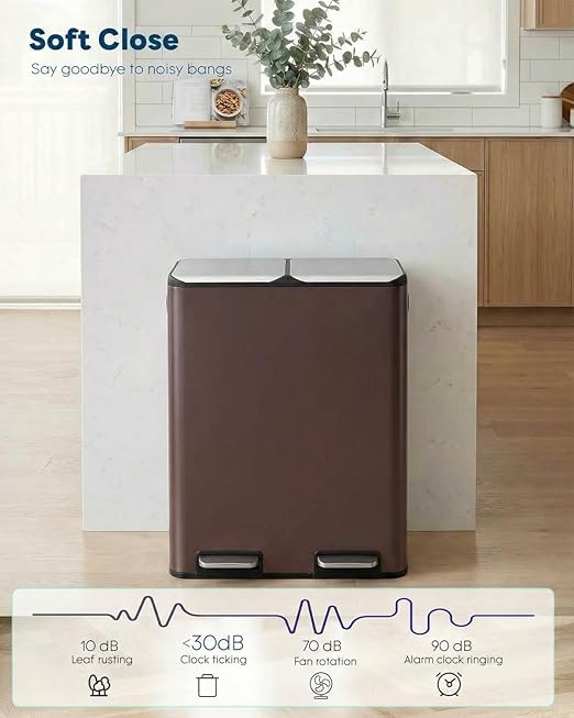 ComfyCorner 16 Gal (2 x 30 L) Dual Trash Can, Stainless Steel Kitchen Garbage Bin, Recycle Dustbin with Odor Control Box, Soft-Close Lid, Inner Buckets, Side Handle, Step Pedal, for Home Office