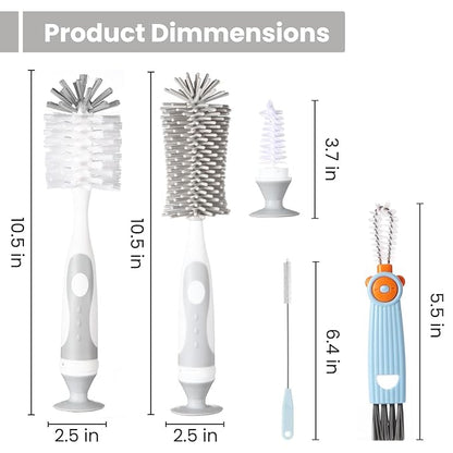 Ariseno 5-in-1 Baby Bottle Cleaner Set, Including Nylon & Silicone Bottle Brush, Cap, Straw & Nipple Brushes, BPA-Free (Grey)
