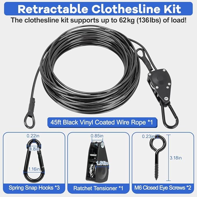TooTaci 45ft Outdoor Clothesline Kit, 3/16" Black PVC Coated Wire Rope Retractable Clothes Line Kit with Self-Locking Pulley, Screw Hook & Snap Hook for Camping, Backyard, Balcony
