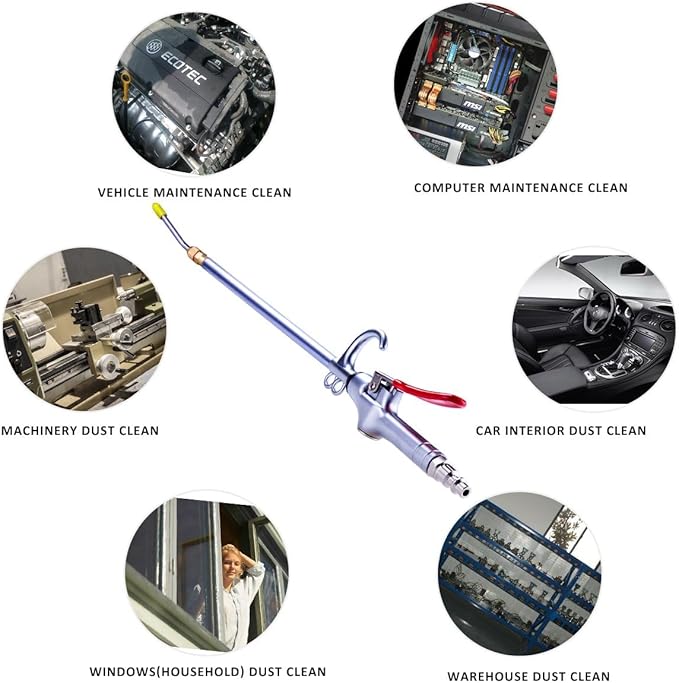 High Volume Powerful Industrial Air Blow Gun, 17-26 Inch Extensible Stainless Steel Air Flow Nozzle, Pneumatic Air Compressor Accessories Tool, Extended Dust Air Blower Gun with 360 Degree Swivel Hook