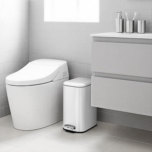 GlowSol Bathroom Trash Can with Lid, 3.2 Gallon 12 L Stainless Steel Step Trash Can with Removable Liner Bucket, Slim Small Wastebasket for Toilet Bedroom Office, White