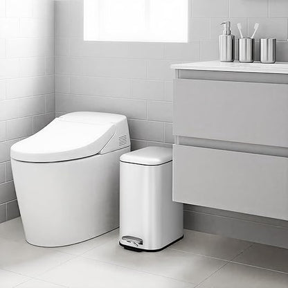 GlowSol Bathroom Trash Can with Lid, 3.2 Gallon 12 L Stainless Steel Step Trash Can with Removable Liner Bucket, Slim Small Wastebasket for Toilet Bedroom Office, White